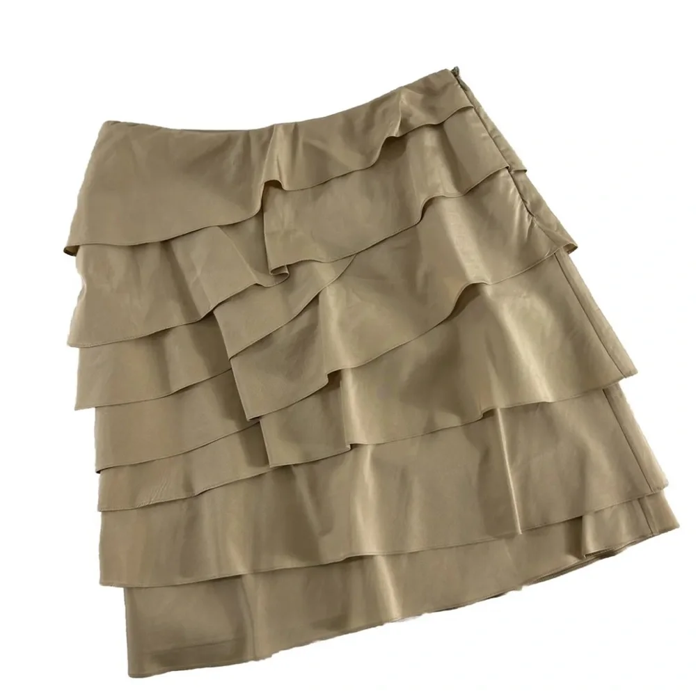 Ralph Lauren Black Label Silk Ruffle Skirt‎ Gold Beige Silk Lined Women’s 6 EUC